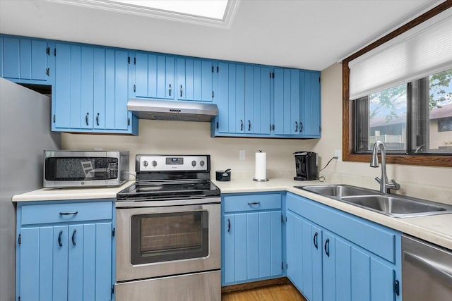 1803 Oliver Dr Unit 3, Urbana, IL 61802 - kitchen featuring stainless steel appliances, under cabinet range hood, a sink, and blue cabinets