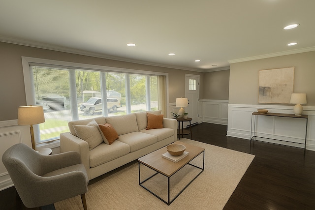 3906 W 117th St, Alsip, IL 60803 - living area featuring ornamental molding, wood finished floors, a wainscoted wall, a decorative wall, and recessed lighting