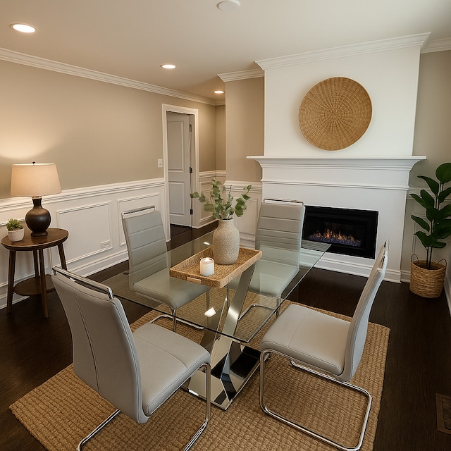 3906 W 117th St, Alsip, IL 60803 - dining space with crown molding, wood finished floors, recessed lighting, wainscoting, and a lit fireplace