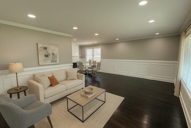 3906 W 117th St, Alsip, IL 60803 - living room with ornamental molding, a wainscoted wall, recessed lighting, a decorative wall, and dark wood-style floors