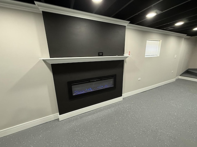 3906 W 117th St, Alsip, IL 60803 - basement featuring ornamental molding, a glass covered fireplace, and stairs