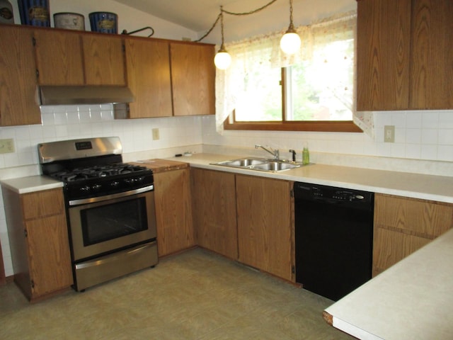 402 Heritage Ln, Ottawa, IL 61350 - kitchen featuring black dishwasher, gas range, extractor fan, a sink, and light countertops