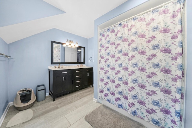 4N307 Knoll Creek Dr, Saint Charles, IL 60175 - full bath featuring double vanity, a shower with shower curtain, baseboards, and lofted ceiling