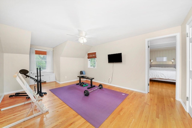 4N307 Knoll Creek Dr, Saint Charles, IL 60175 - workout room featuring ceiling fan, light wood finished floors, lofted ceiling, and baseboards