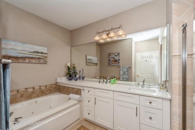 7410 Lincoln Ave Unit A, Skokie, IL 60076 - bathroom with double vanity, a whirlpool tub, a tile shower, and tile patterned floors