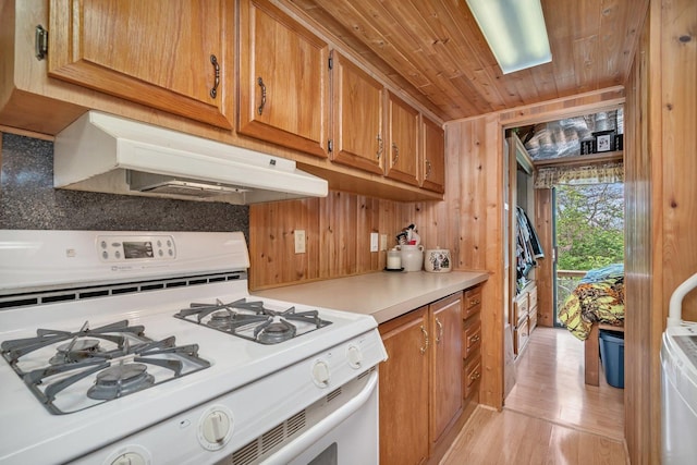 1 Dinosaur Rd, Wilmington, IL 60481 - kitchen featuring white gas range oven, under cabinet range hood, wood walls, wood ceiling, and light countertops