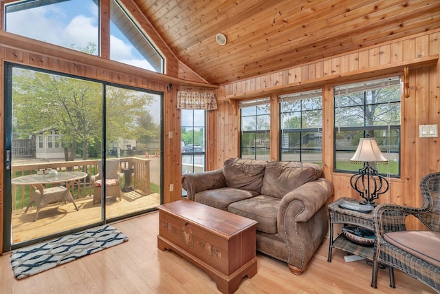 1 Dinosaur Rd, Wilmington, IL 60481 - living area with wood walls, healthy amount of natural light, light wood-style flooring, wooden ceiling, and high vaulted ceiling