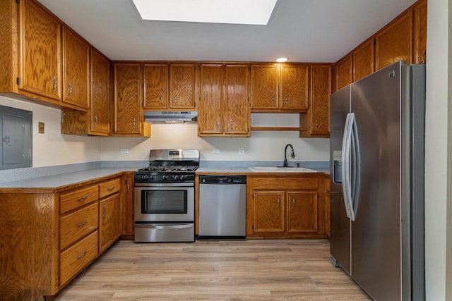 931 Mosby Ct, Joliet, IL 60431 - kitchen featuring stainless steel appliances, under cabinet range hood, a sink, electric panel, and brown cabinetry