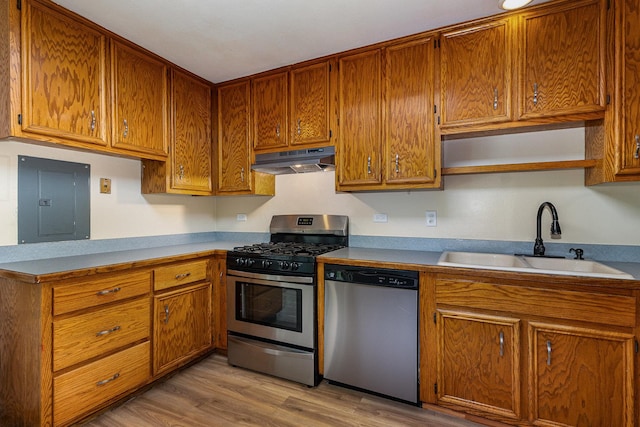 931 Mosby Ct, Joliet, IL 60431 - kitchen featuring stainless steel appliances, under cabinet range hood, electric panel, a sink, and brown cabinets