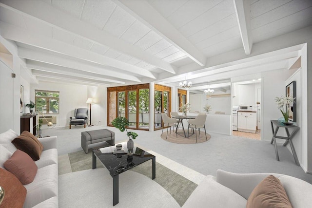 1866 Sherman Ave Unit 3Ne, Evanston, IL 60201 - carpeted living area featuring a chandelier and beamed ceiling