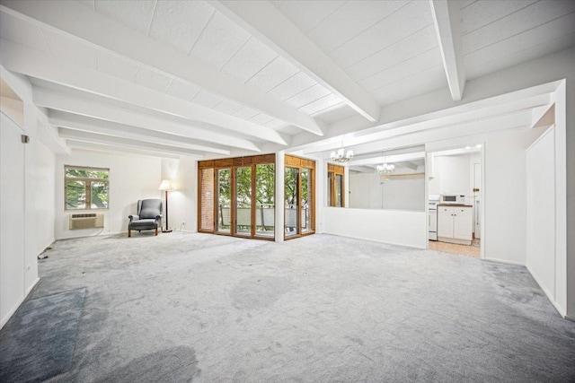 1866 Sherman Ave Unit 3Ne, Evanston, IL 60201 - unfurnished living room featuring a chandelier, carpet floors, a wall mounted air conditioner, and beam ceiling