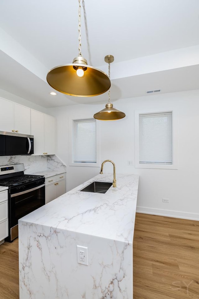 6048 S Eberhart Ave, Chicago, IL 60637 - kitchen with appliances with stainless steel finishes, a sink, pendant lighting, white cabinetry, and light wood-type flooring