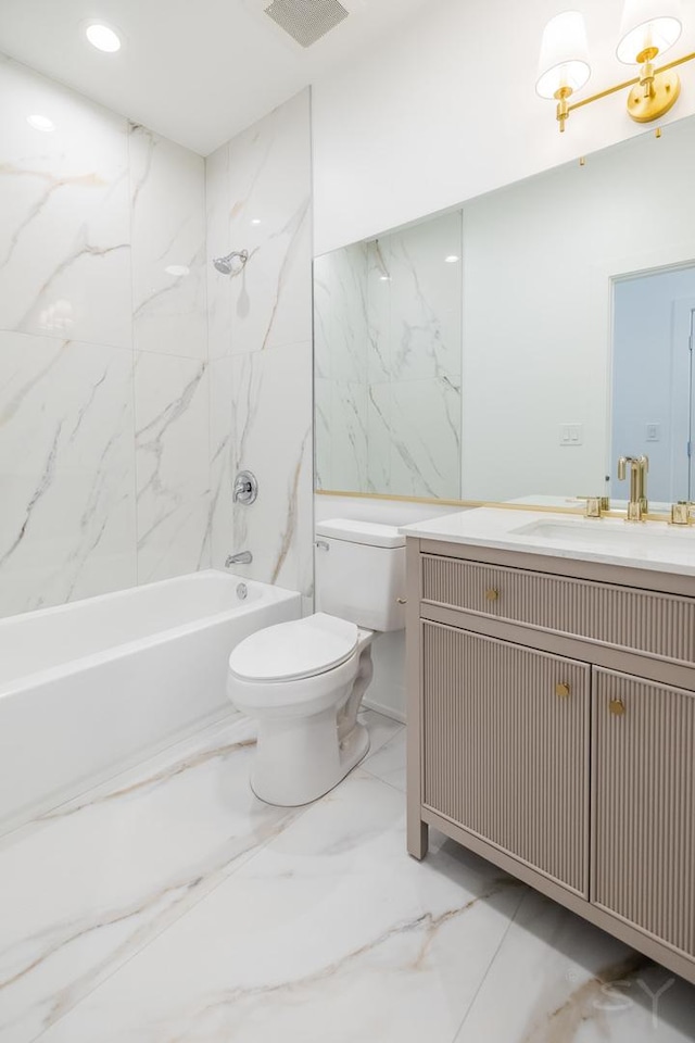 6048 S Eberhart Ave, Chicago, IL 60637 - full bath with marble finish floors, toilet, vanity, bathing tub / shower combination, and recessed lighting