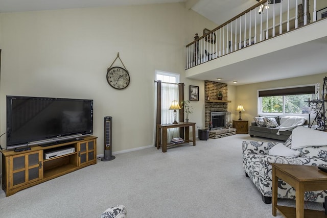 1161 Sumner Cir, Gurnee, IL 60031 - living room with carpet, a fireplace, high vaulted ceiling, baseboards, and beamed ceiling