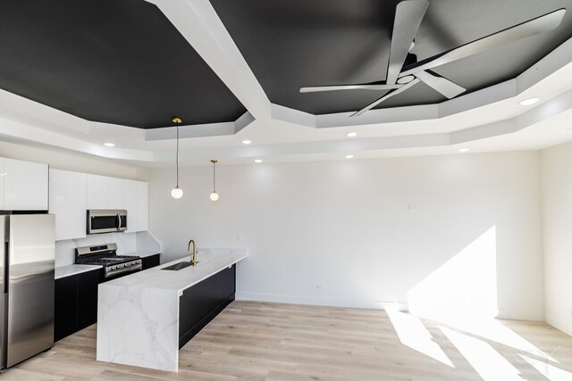 5530 S Michigan Ave, Chicago, IL 60637 - kitchen featuring appliances with stainless steel finishes, a raised ceiling, a peninsula, modern cabinets, and recessed lighting