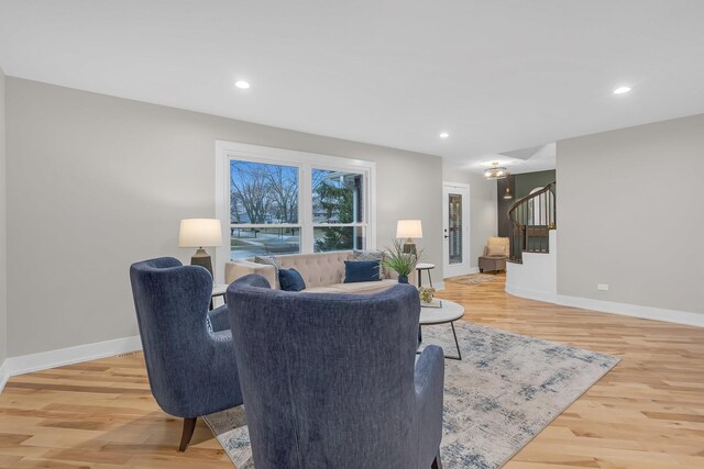 274 University Dr, Buffalo Grove, IL 60089 - living room with stairway, light wood-style floors, baseboards, and recessed lighting