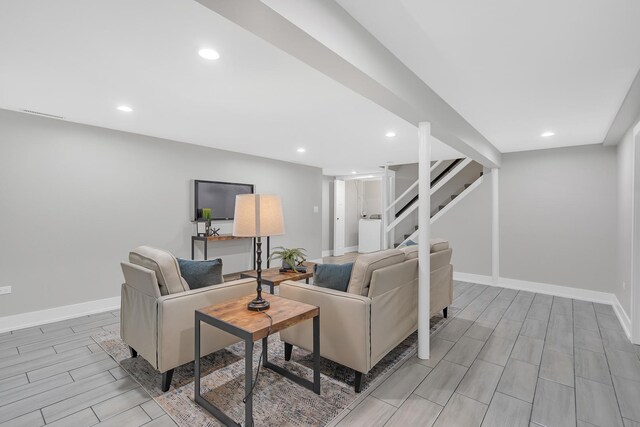 274 University Dr, Buffalo Grove, IL 60089 - living room featuring stairs, baseboards, recessed lighting, and wood finish floors