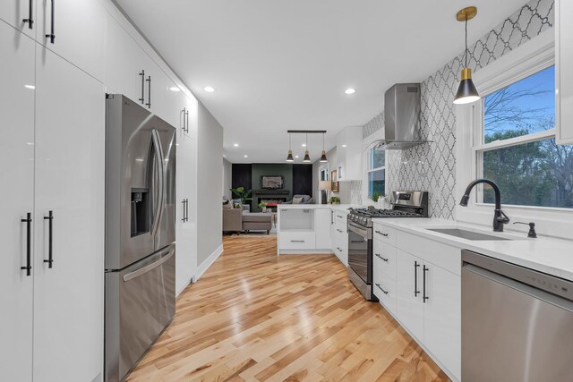 274 University Dr, Buffalo Grove, IL 60089 - kitchen featuring stainless steel appliances, a sink, wall chimney range hood, light wood-style floors, and open floor plan