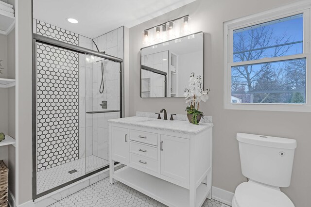 274 University Dr, Buffalo Grove, IL 60089 - bathroom with vanity, toilet, a stall shower, tile patterned flooring, and baseboards