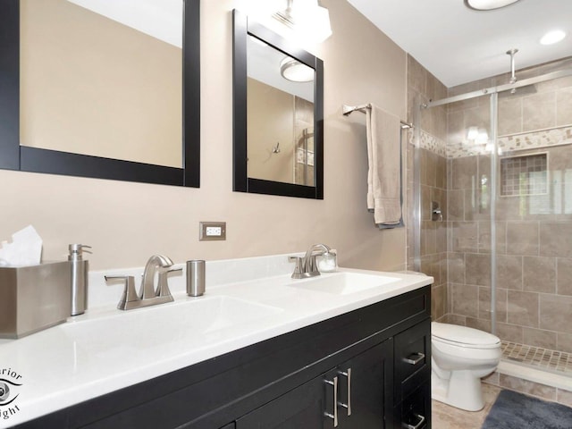 14802 Anne Ct, Oak Forest, IL 60452 - bathroom with a shower stall, toilet, double vanity, and tile patterned floors