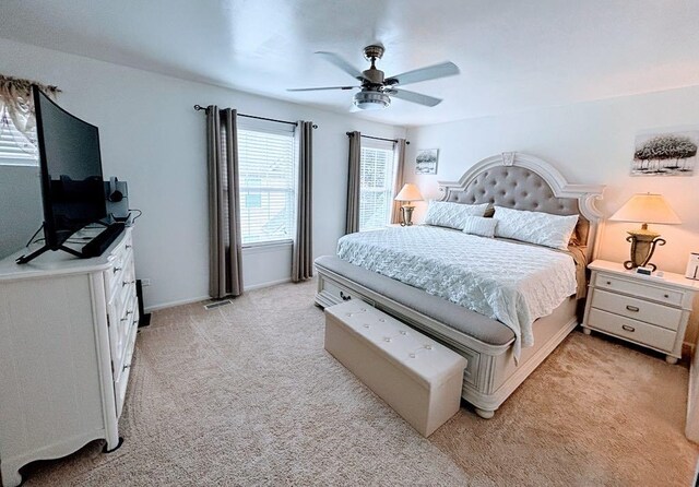 915 Manchester Cir, Grayslake, IL 60030 - bedroom with light colored carpet, a ceiling fan, and baseboards
