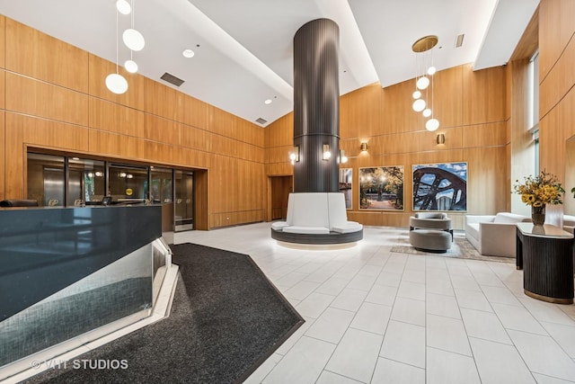 501 N Clinton St Unit 1804, Chicago, IL 60654 - lobby featuring high vaulted ceiling and wooden walls
