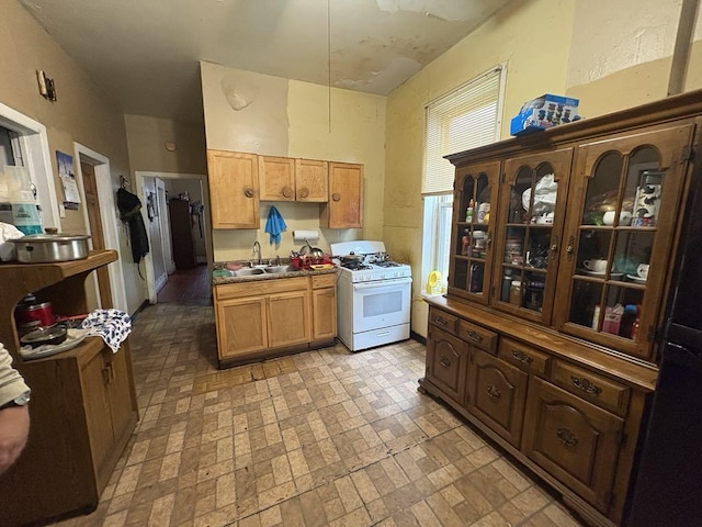 1530 N Springfield Ave, Chicago, IL 60651 - kitchen featuring white range with gas cooktop, a sink, brick patterned floors, and glass insert cabinets