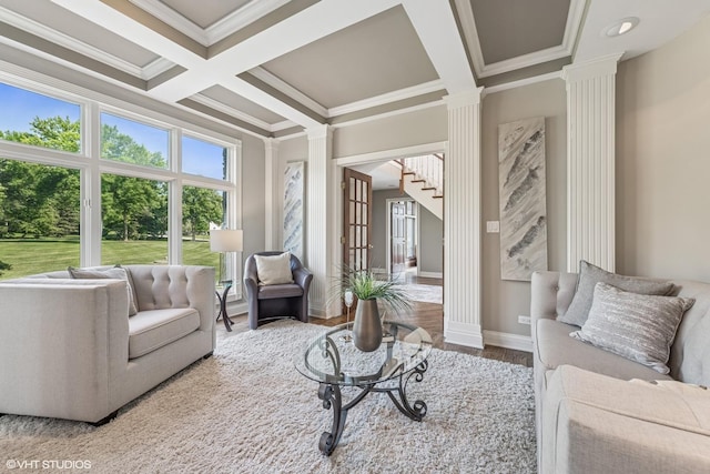 26 Forest Ln, South Barrington, IL 60010 - living room with ornate columns, crown molding, coffered ceiling, wood finished floors, and beamed ceiling