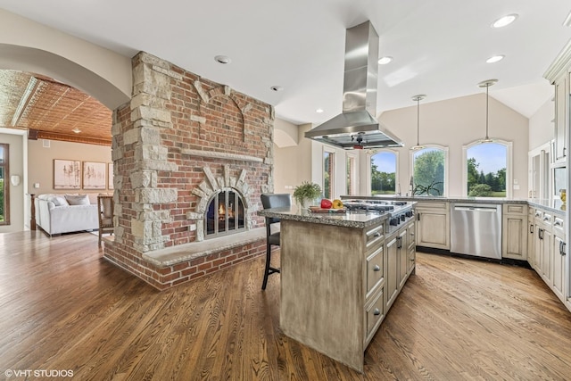 26 Forest Ln, South Barrington, IL 60010 - kitchen featuring stainless steel appliances, island exhaust hood, wood finished floors, a brick fireplace, and vaulted ceiling