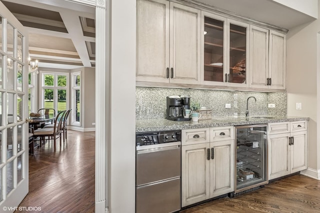 26 Forest Ln, South Barrington, IL 60010 - kitchen with beverage cooler, backsplash, a chandelier, coffered ceiling, and dark wood-style flooring