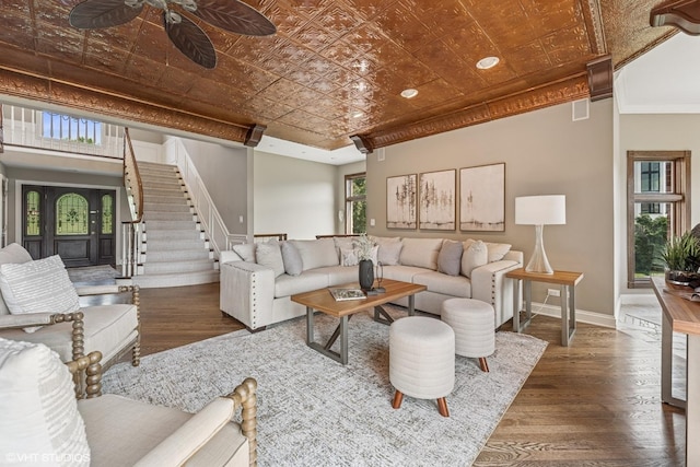 26 Forest Ln, South Barrington, IL 60010 - living area featuring an ornate ceiling, wood finished floors, stairway, a ceiling fan, and crown molding
