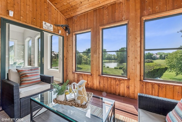 26 Forest Ln, South Barrington, IL 60010 - sunroom featuring wooden walls, lofted ceiling, wood finished floors, a water view, and wood ceiling