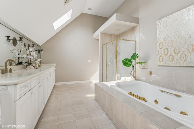 26 Forest Ln, South Barrington, IL 60010 - bathroom with a skylight, a shower stall, a whirlpool tub, lofted ceiling, and double vanity