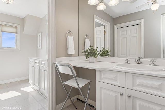 26 Forest Ln, South Barrington, IL 60010 - bathroom featuring vanity, tile patterned flooring, and a ceiling fan