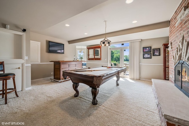 26 Forest Ln, South Barrington, IL 60010 - rec room with light colored carpet, a brick fireplace, pool table, recessed lighting, and bar area