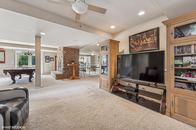 26 Forest Ln, South Barrington, IL 60010 - carpeted living room with a ceiling fan, recessed lighting, and billiards table