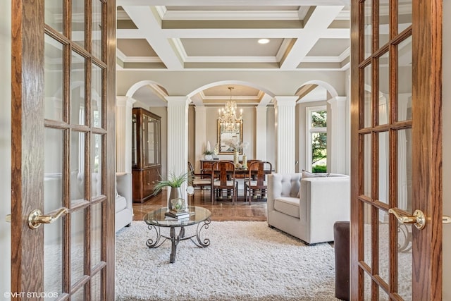 26 Forest Ln, South Barrington, IL 60010 - living room with decorative columns, arched walkways, coffered ceiling, crown molding, and beamed ceiling