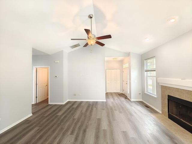 1931 Chase Ln Unit 1931, Aurora, IL 60502 - unfurnished living room with wood finished floors, ceiling fan, vaulted ceiling, baseboards, and recessed lighting