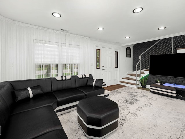 7225 Poplar Ln, Darien, IL 60561 - living room with ornamental molding, stairs, wood finished floors, and recessed lighting