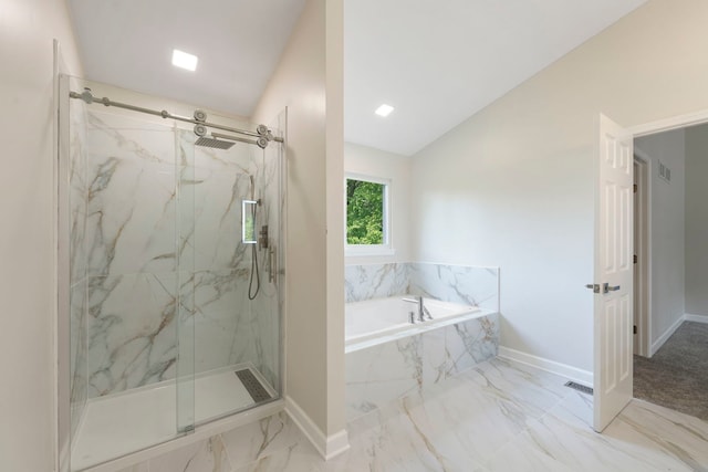 530 Old Oak Cir, Algonquin, IL 60102 - full bath featuring marble look tile flooring, a marble finish shower, a garden tub, and vaulted ceiling