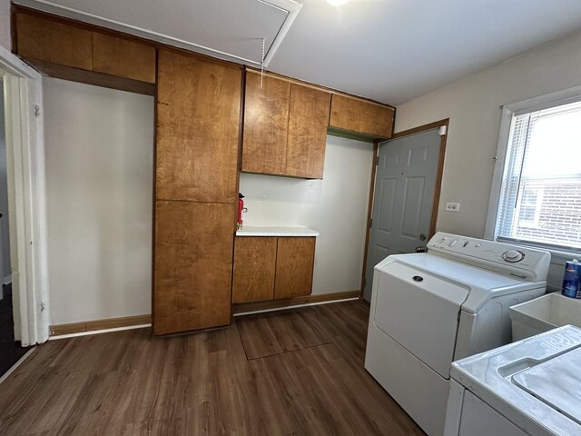 14631 Michigan Ave, Dolton, IL 60419 - laundry room featuring attic access, dark wood finished floors, washer and dryer, and baseboards