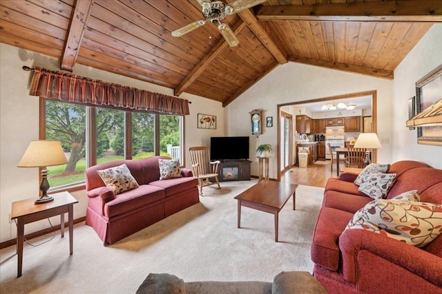 10 S Canterbury Rd, Aurora, IL 60506 - living area featuring wooden ceiling with exposed beams, ceiling fan, light carpet, a chandelier, and high vaulted ceiling