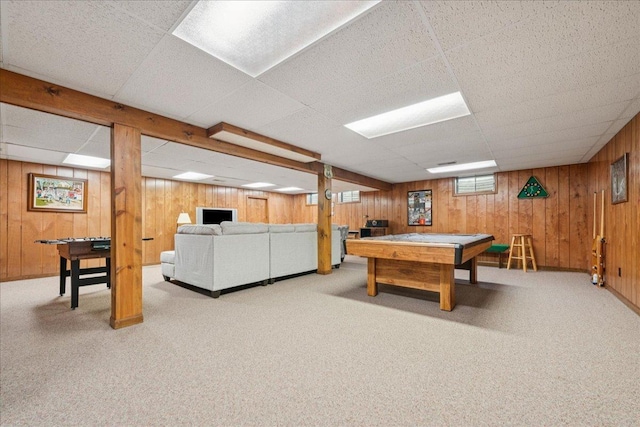 10 S Canterbury Rd, Aurora, IL 60506 - game room featuring wooden walls, carpet, a paneled ceiling, and billiards