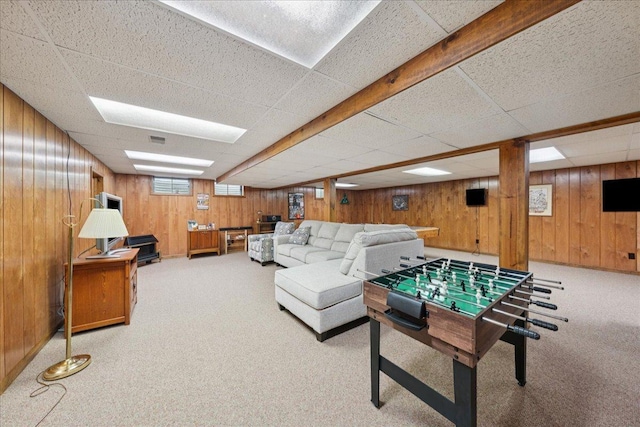 10 S Canterbury Rd, Aurora, IL 60506 - recreation room featuring wooden walls, carpet floors, and a paneled ceiling