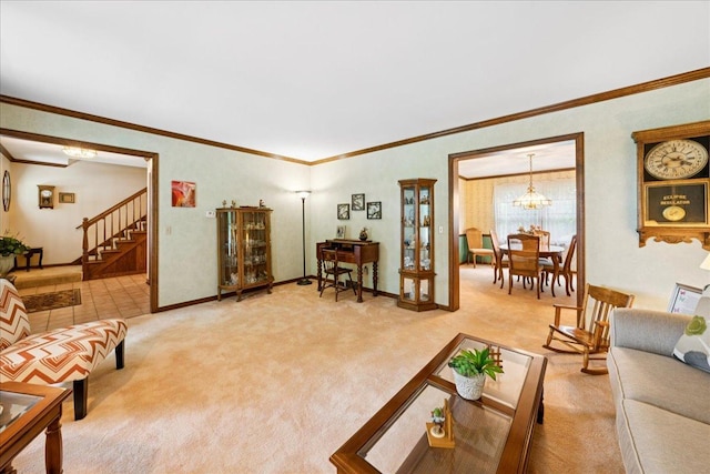 10 S Canterbury Rd, Aurora, IL 60506 - carpeted living room featuring ornamental molding, stairway, baseboards, and a chandelier