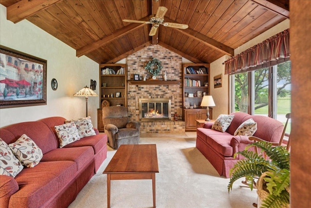 10 S Canterbury Rd, Aurora, IL 60506 - living room with wood ceiling, light colored carpet, a ceiling fan, built in features, and a fireplace
