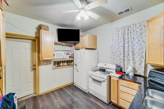 5514 S Winchester Ave, Chicago, IL 60636 - kitchen featuring white appliances, light brown cabinetry, dark wood finished floors, and a ceiling fan