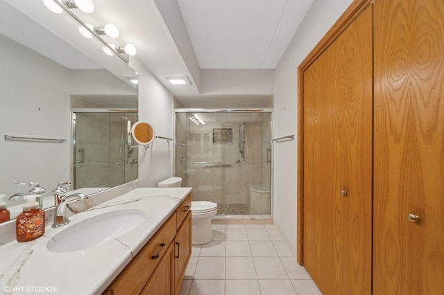 650 S River Rd Unit 405, Des Plaines, IL 60016 - bathroom with vanity, a shower stall, toilet, and tile patterned floors