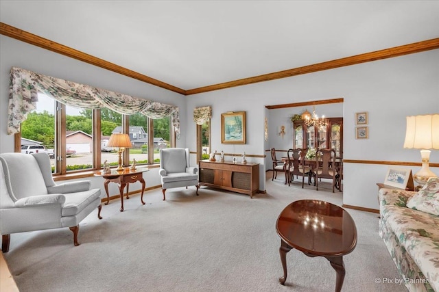 25827 W Andrew Ct, Ingleside, IL 60041 - living room with carpet floors, a chandelier, ornamental molding, and baseboards
