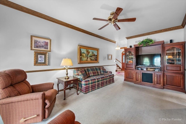 25827 W Andrew Ct, Ingleside, IL 60041 - living room featuring light carpet, crown molding, ceiling fan, and stairway